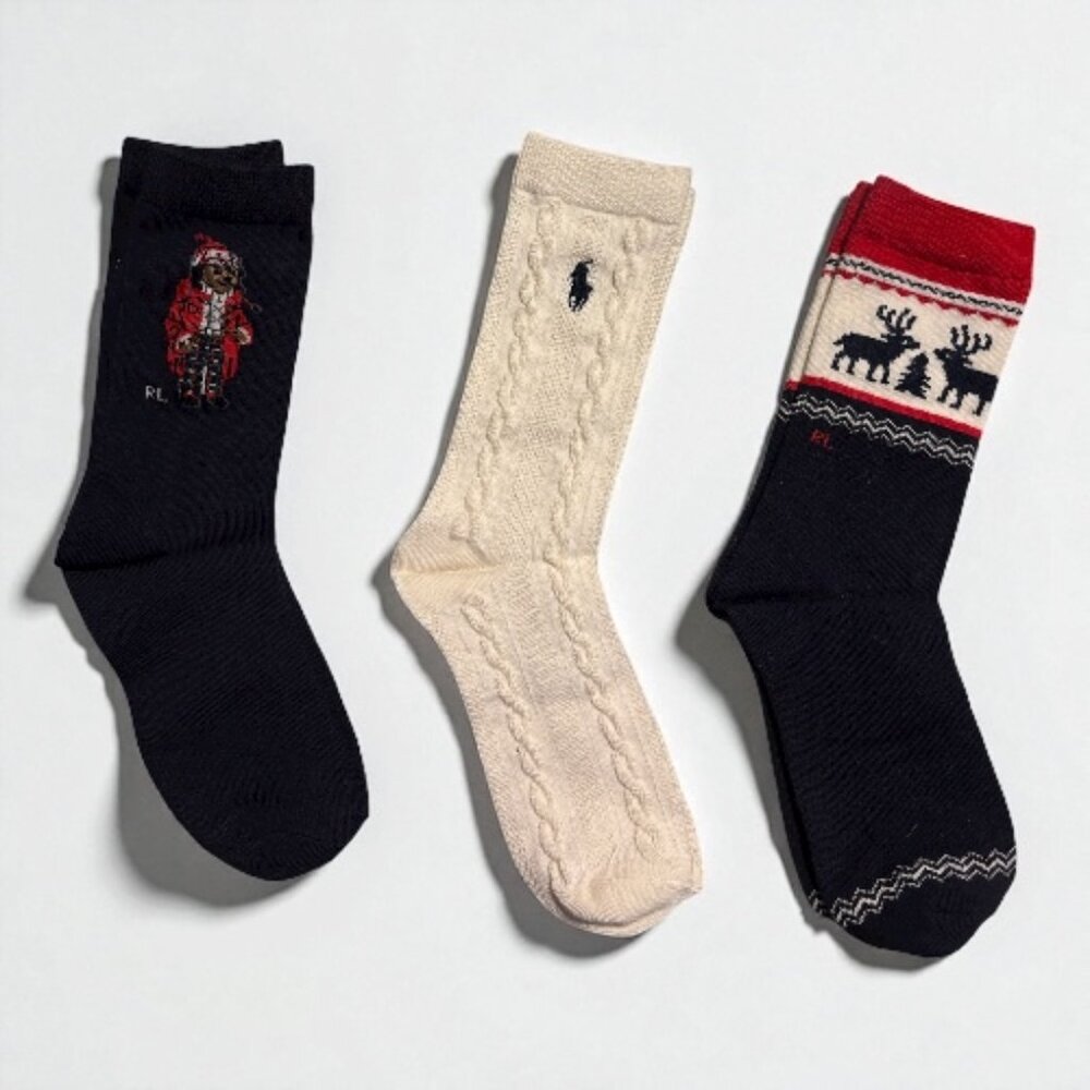 3-Pack Girls’ Ralph Lauren Winter Holiday Socks – Size 8–9.5 ❤️